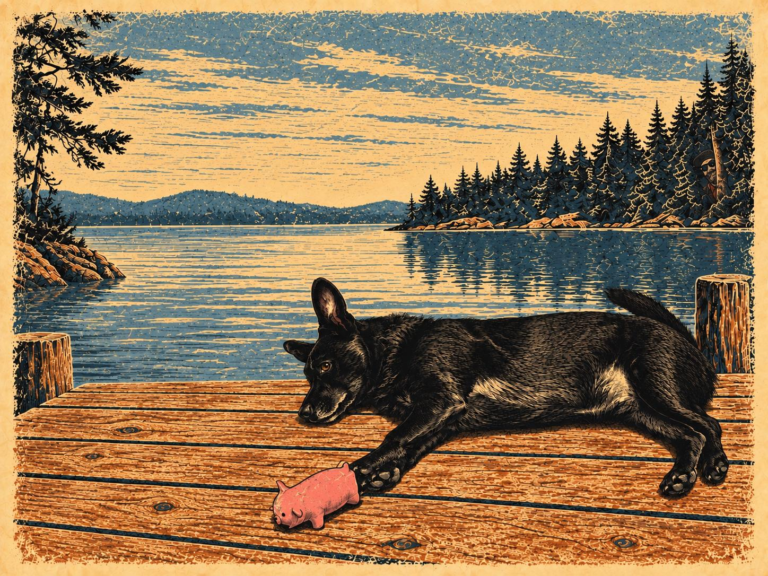 Ilustracja Hachiko odpoczywającego na drewnianym pomoście nad jeziorem z różową zabawką